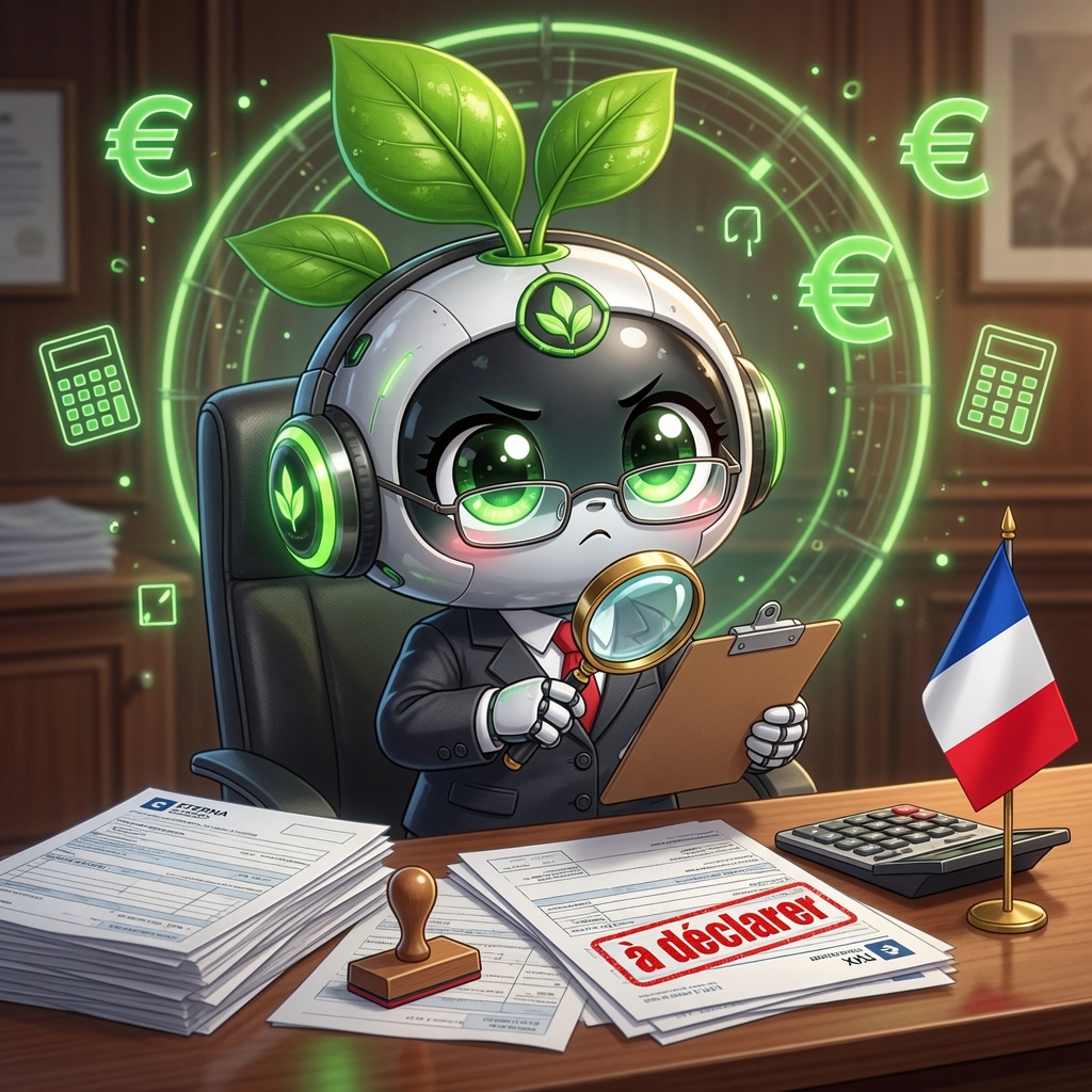 Fiscalité crypto France 2026 - mascotte iaDOTA et déclaration d'impôts